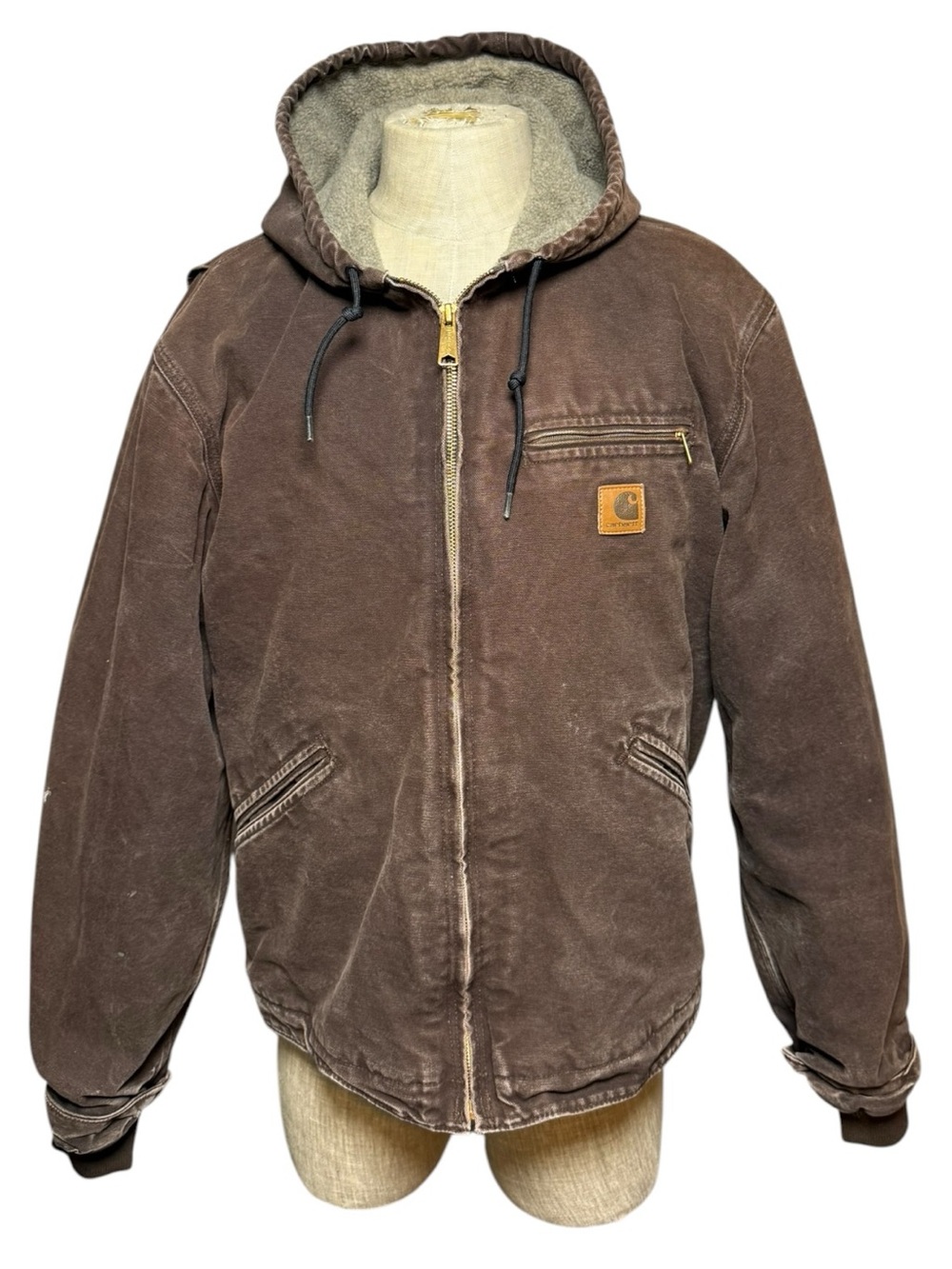 Vintage 2008 Carhartt J141 Brown Duck Sherpa Lined Hooded Work Jacket L